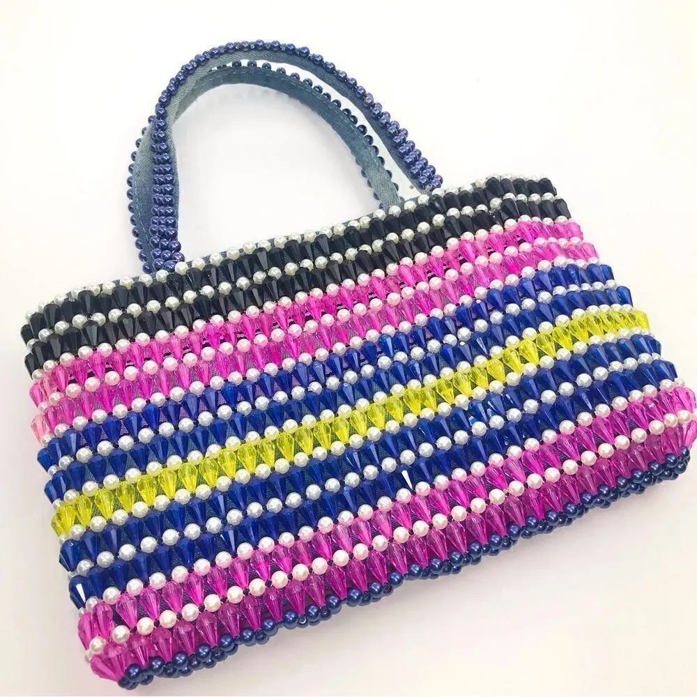 Handmade Colorful Beaded Striped Double Handle Sparkle Glam Artisan Bag